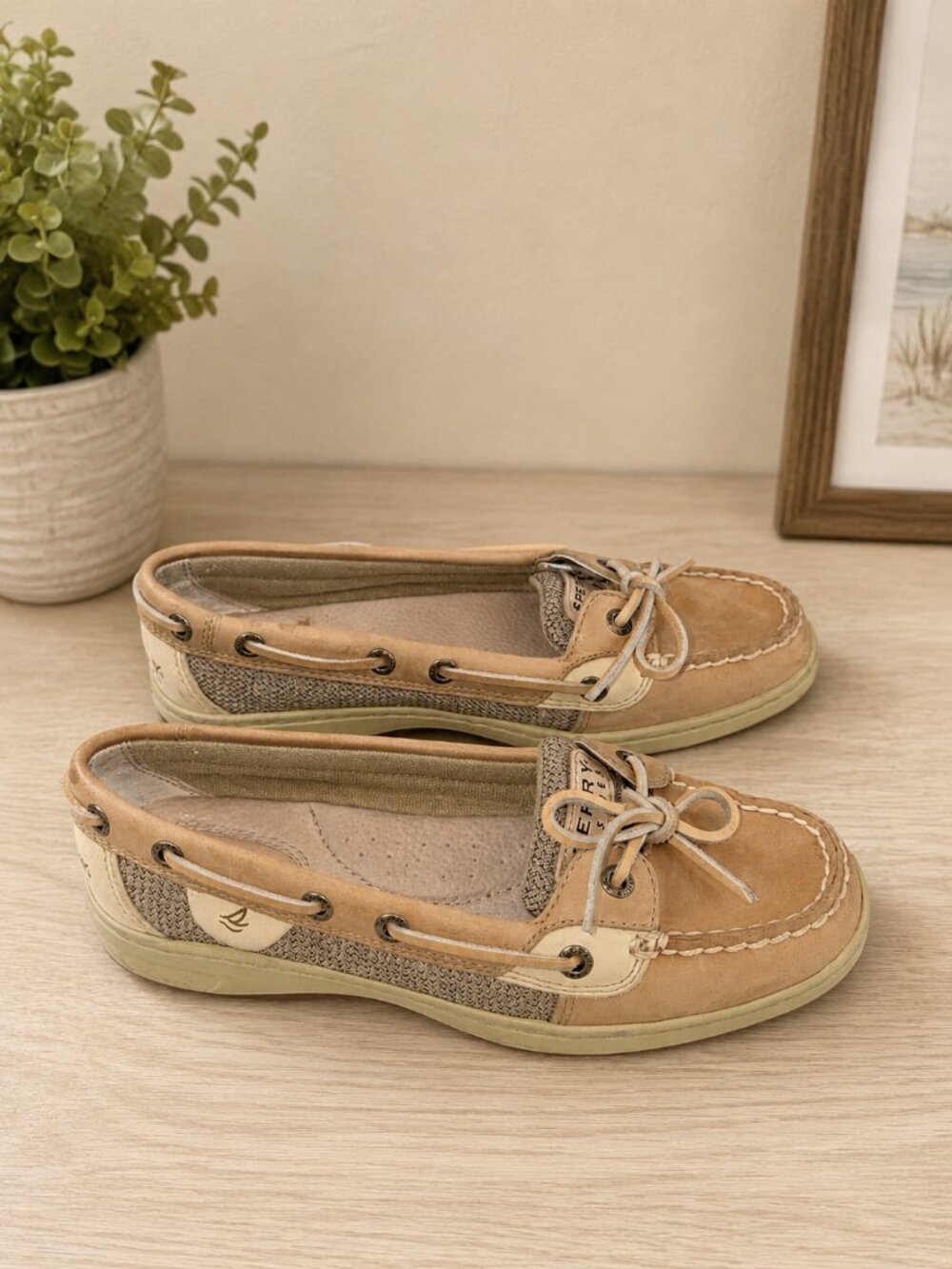 Sperry Top-Sider Boat Shoes Tan Beige Mesh Leather Slip On Loafers Women’s 6.5w - Picture 5 of 8